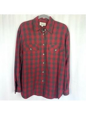 Vintage Y2K 90s Red Grey Plaid Shirt Top by Parallel Women’s M Button Down Long